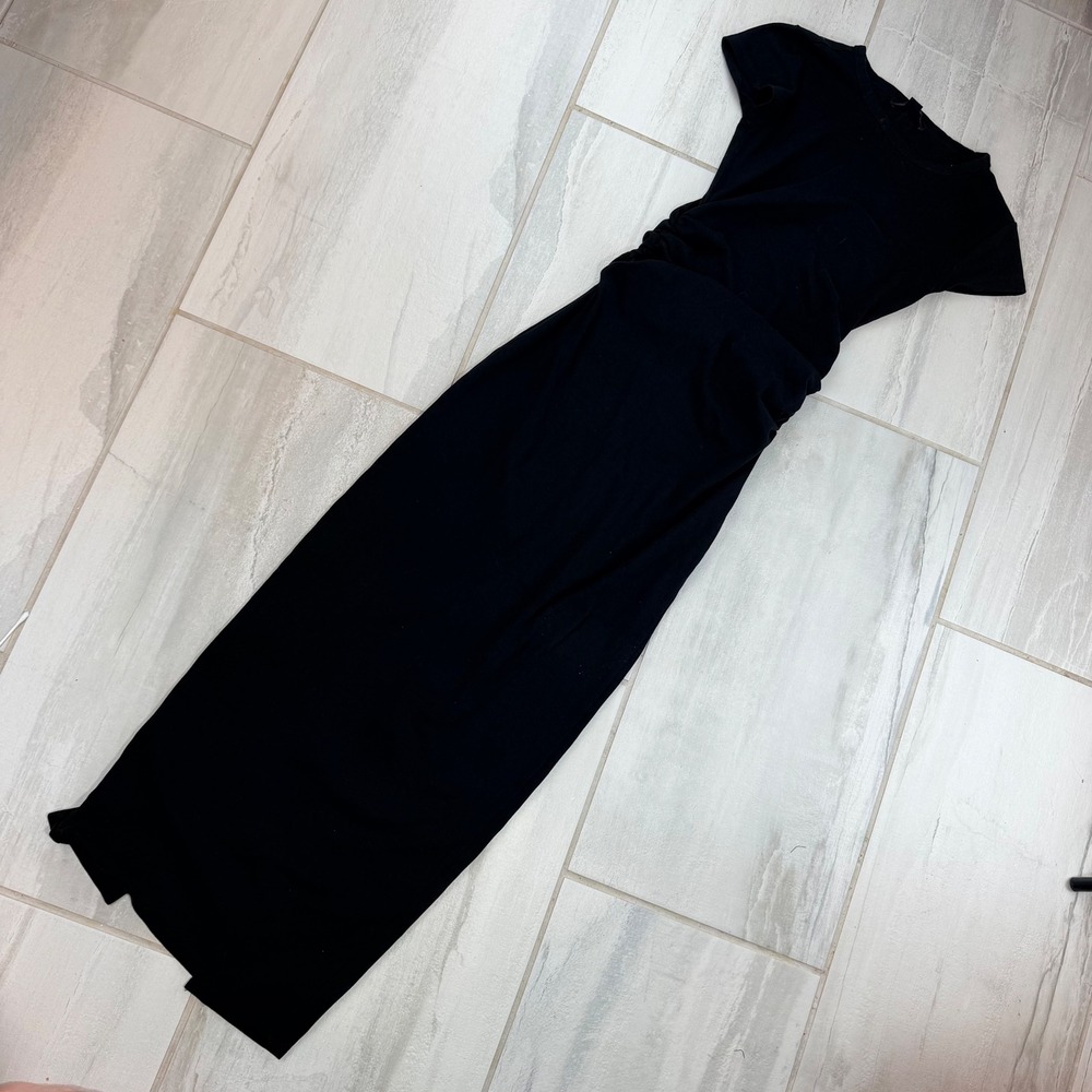 AllSaints Black Short Sleeve Ruched Maxi Dress Back Slit US 2